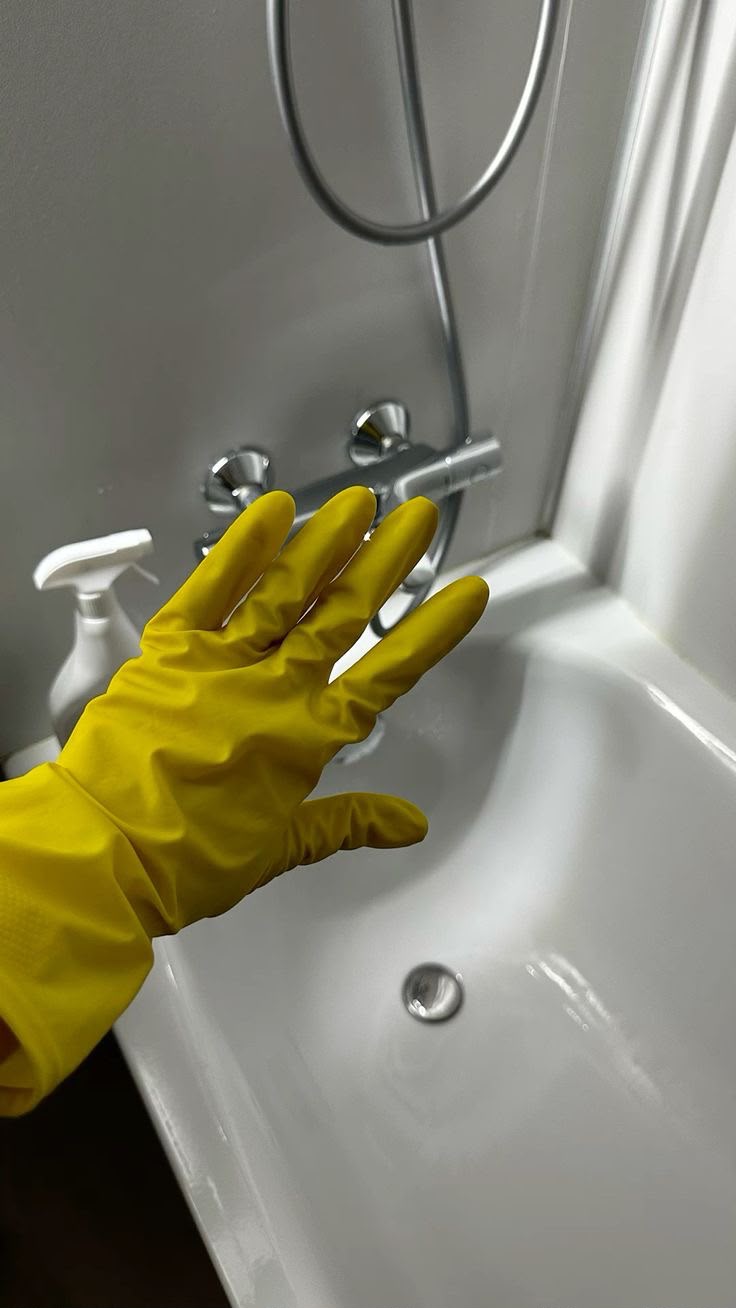 Cleaner sanitising a bathtub and shower fixtures