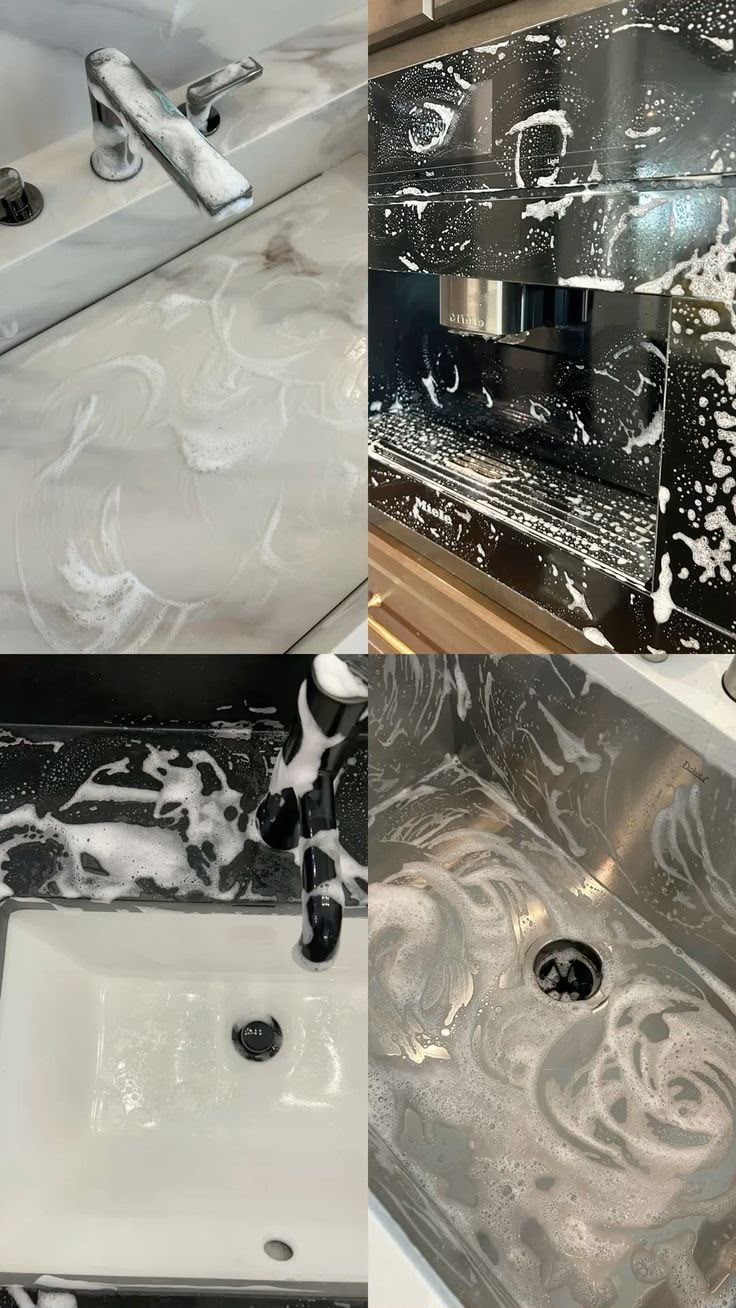 Kitchen counters and appliances covered in cleaning suds